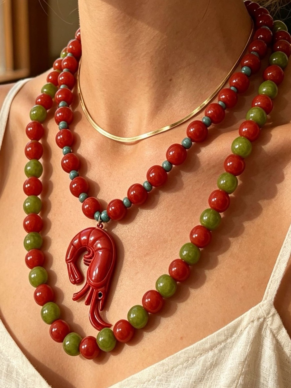3-Piece Layered Necklace Beaded Necklace Set with Shrimp Pendant